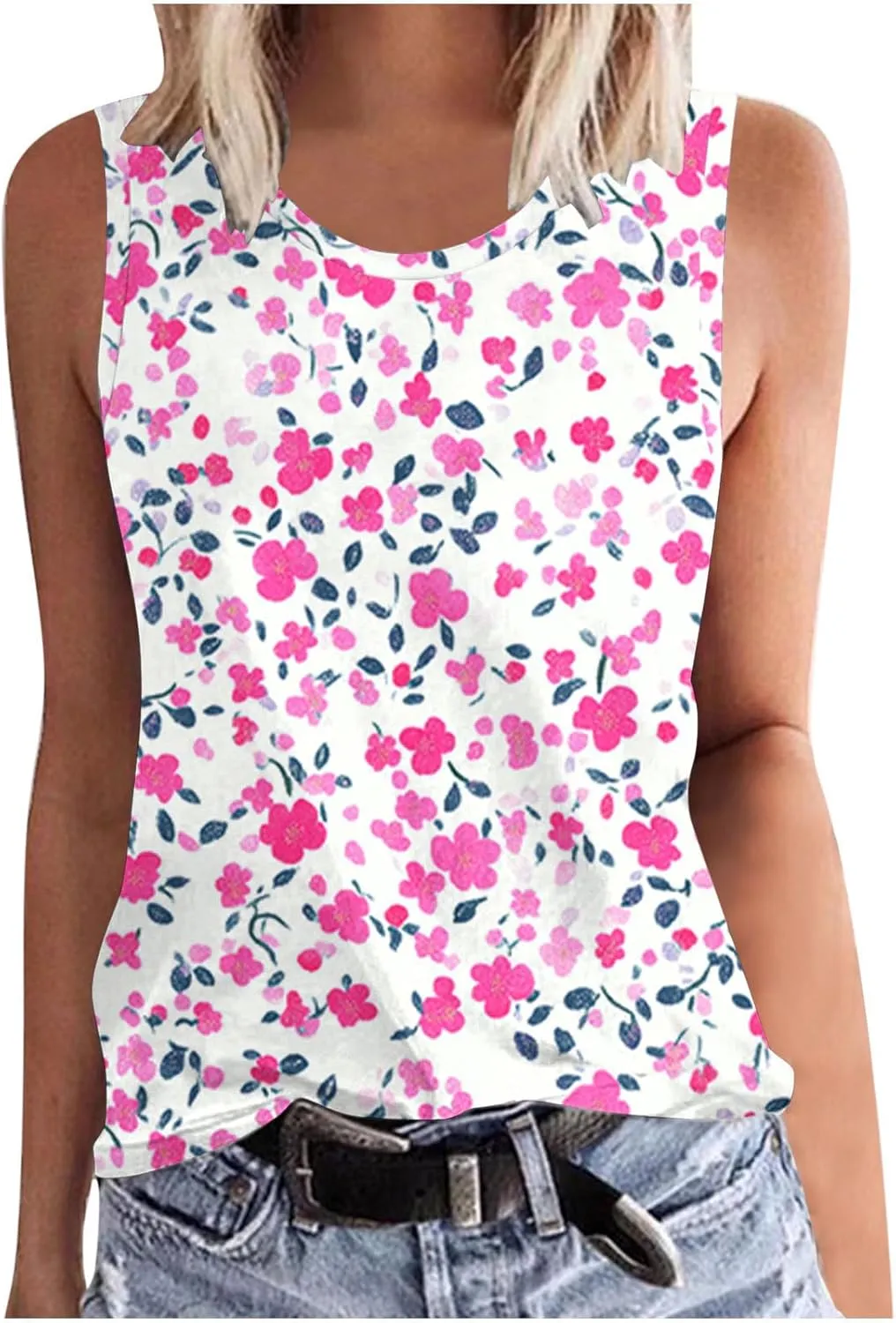 Tank Tops for Women Floral Print Sleeveless Crewneck Loose Fit Summer Tunic Tops Casual Vacation Beach Shirts