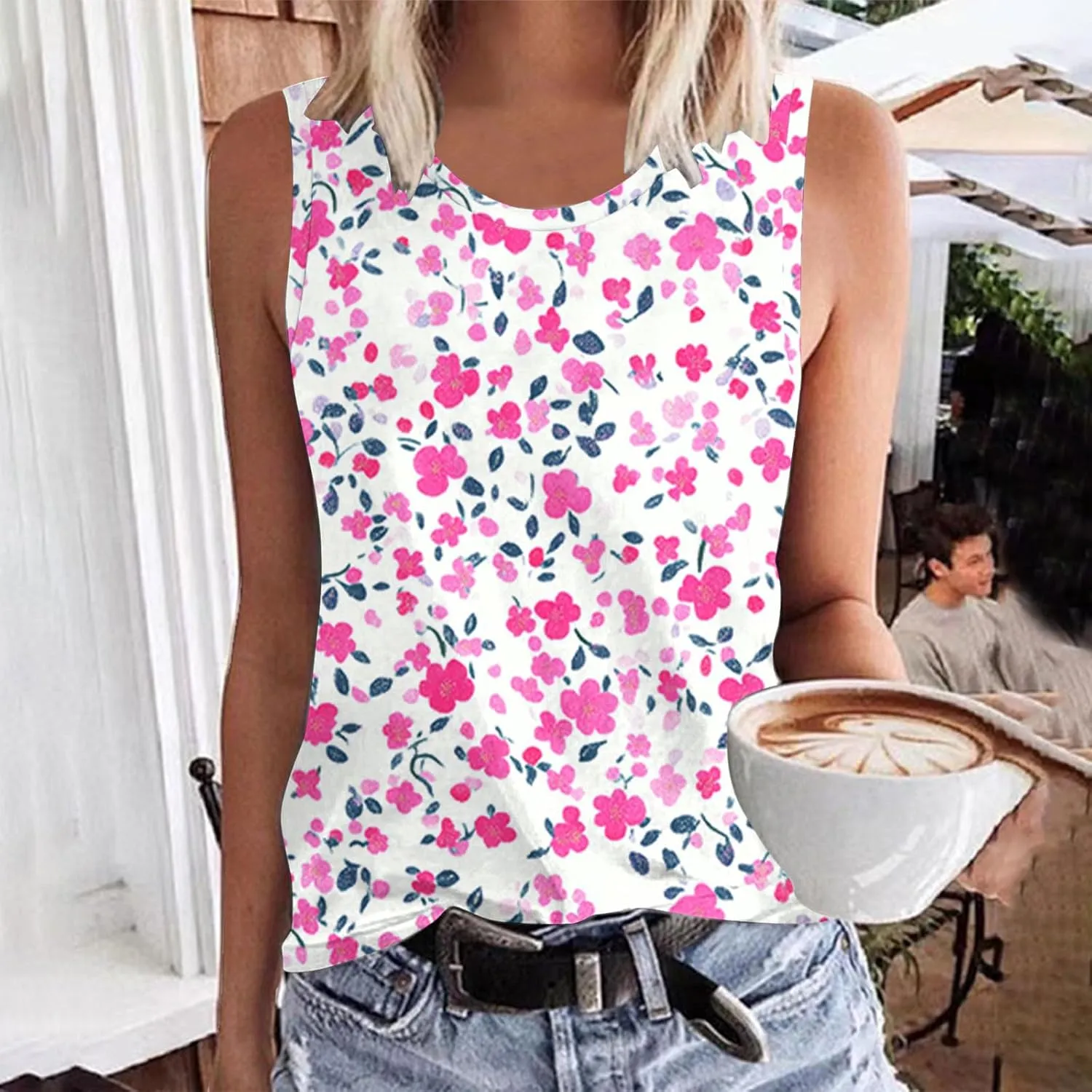 Tank Tops for Women Floral Print Sleeveless Crewneck Loose Fit Summer Tunic Tops Casual Vacation Beach Shirts