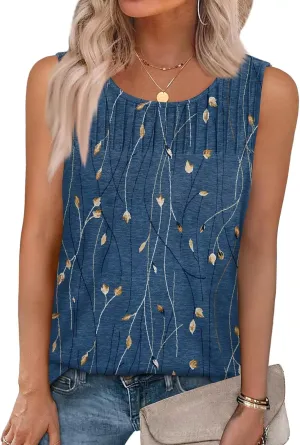 Tank Tops for Women Summer Fashion Crew Neck T Shirts Sleeveless Loose Pleated Floral Boho Tops Printed Basic Tee