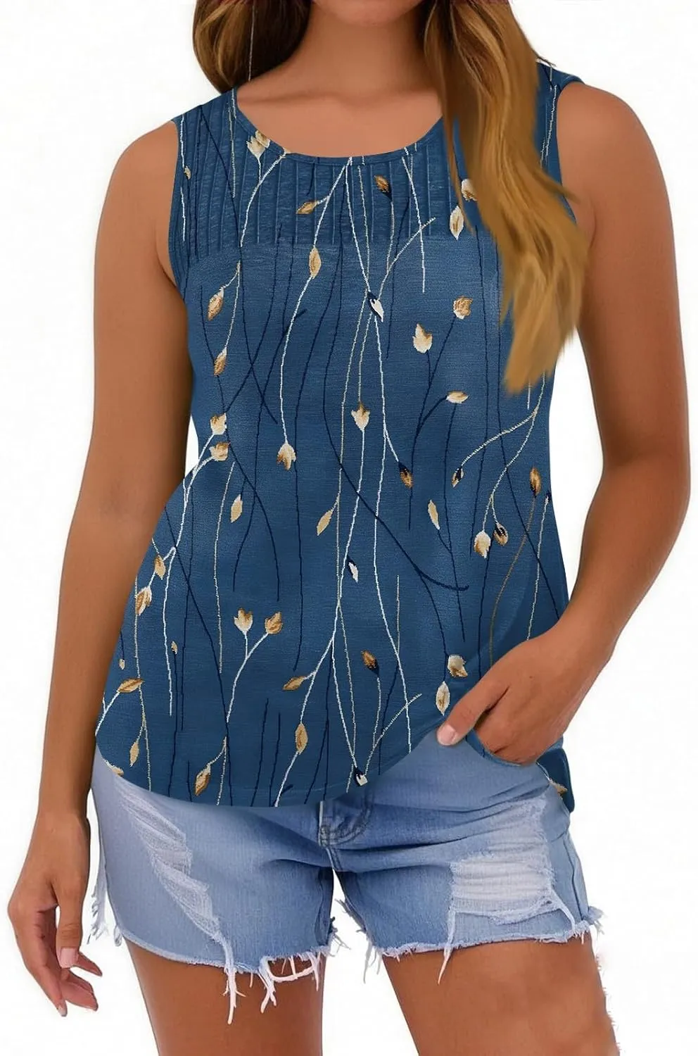 Tank Tops for Women Summer Fashion Crew Neck T Shirts Sleeveless Loose Pleated Floral Boho Tops Printed Basic Tee