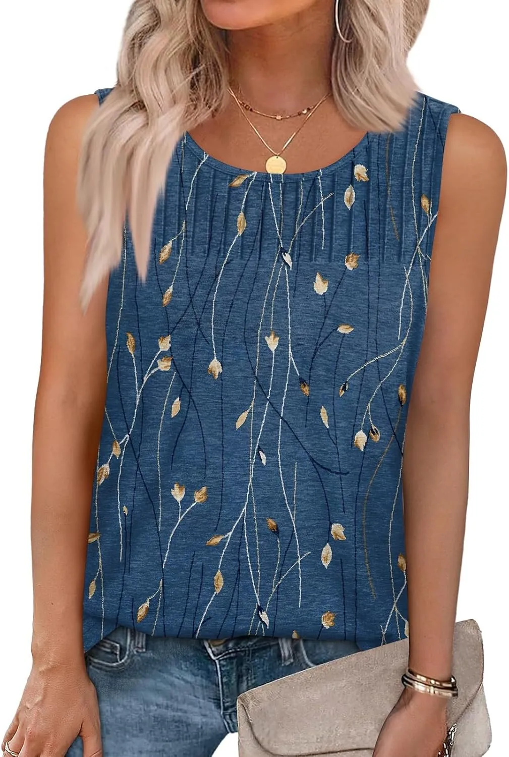 Tank Tops for Women Summer Fashion Crew Neck T Shirts Sleeveless Loose Pleated Floral Boho Tops Printed Basic Tee