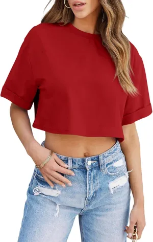 Tankaneo Women Crop T-Shirts Half Sleeve Drop Shoulder Cropped Tops Y2K Casual Summer Basic Tees