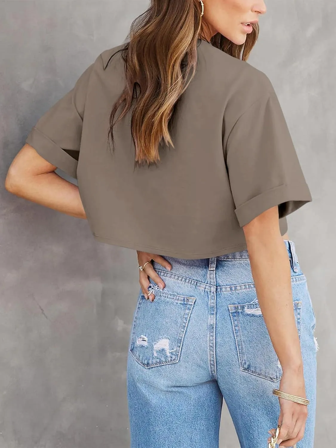 Tankaneo Women Crop T-Shirts Half Sleeve Drop Shoulder Cropped Tops Y2K Casual Summer Basic Tees