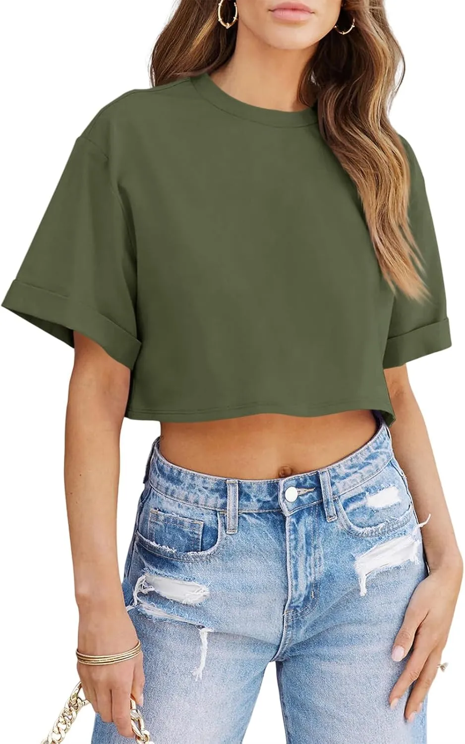 Tankaneo Women Crop T-Shirts Half Sleeve Drop Shoulder Cropped Tops Y2K Casual Summer Basic Tees