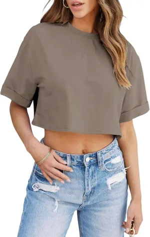 Tankaneo Women Crop T-Shirts Half Sleeve Drop Shoulder Cropped Tops Y2K Casual Summer Basic Tees