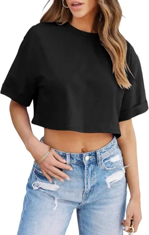 Tankaneo Women Crop T-Shirts Half Sleeve Drop Shoulder Cropped Tops Y2K Casual Summer Basic Tees