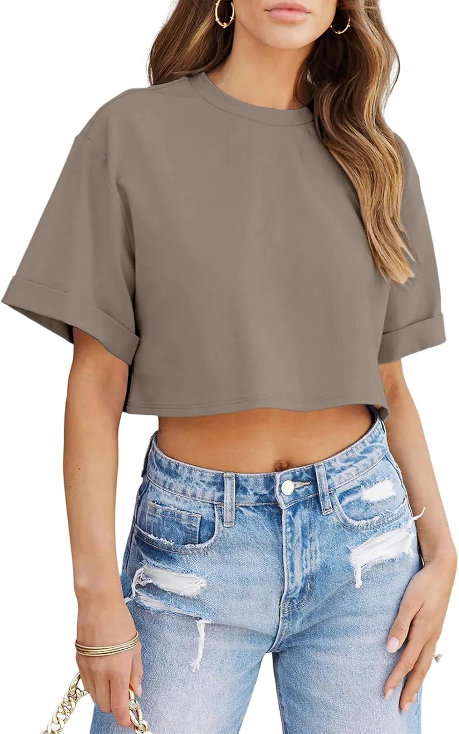 Tankaneo Women Crop T-Shirts Half Sleeve Drop Shoulder Cropped Tops Y2K Casual Summer Basic Tees