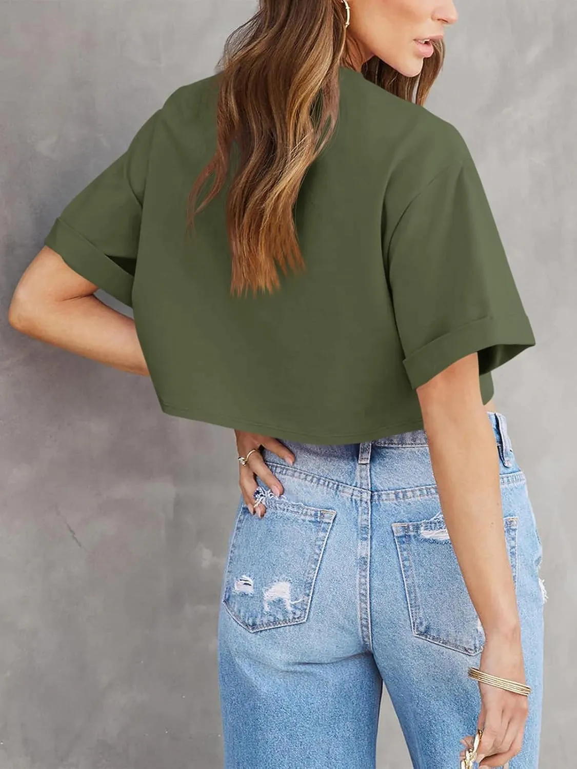 Tankaneo Women Crop T-Shirts Half Sleeve Drop Shoulder Cropped Tops Y2K Casual Summer Basic Tees