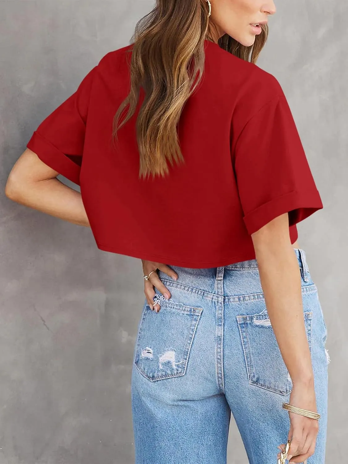 Tankaneo Women Crop T-Shirts Half Sleeve Drop Shoulder Cropped Tops Y2K Casual Summer Basic Tees