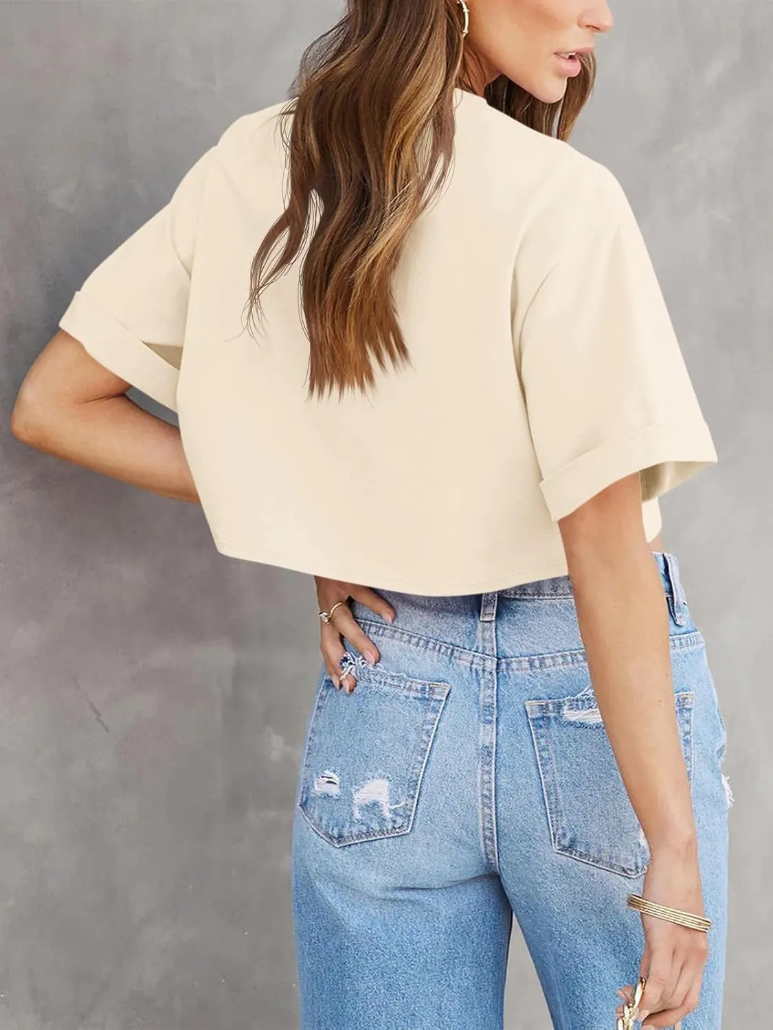 Tankaneo Women Crop T-Shirts Half Sleeve Drop Shoulder Cropped Tops Y2K Casual Summer Basic Tees