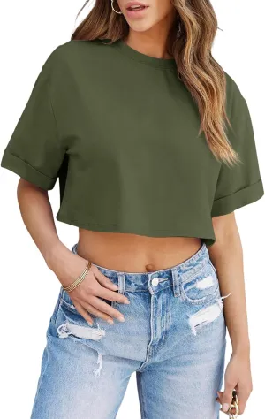 Tankaneo Women Crop T-Shirts Half Sleeve Drop Shoulder Cropped Tops Y2K Casual Summer Basic Tees