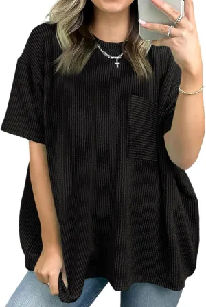 Tankaneo Womens Oversized Short Sleeve Tops Summer Textured Crew Neck T Shirt Ribbed Casual Basic Tees