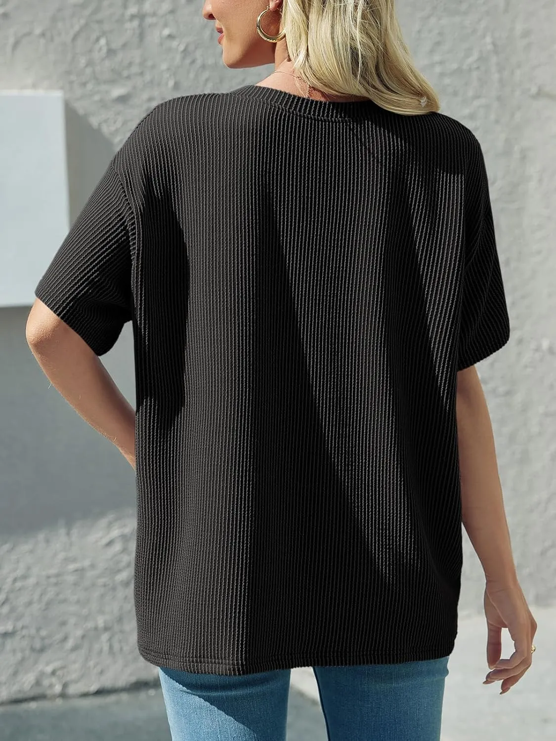 Tankaneo Womens Oversized Short Sleeve Tops Summer Textured Crew Neck T Shirt Ribbed Casual Basic Tees