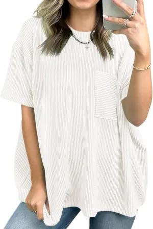 Tankaneo Womens Oversized Short Sleeve Tops Summer Textured Crew Neck T Shirt Ribbed Casual Basic Tees