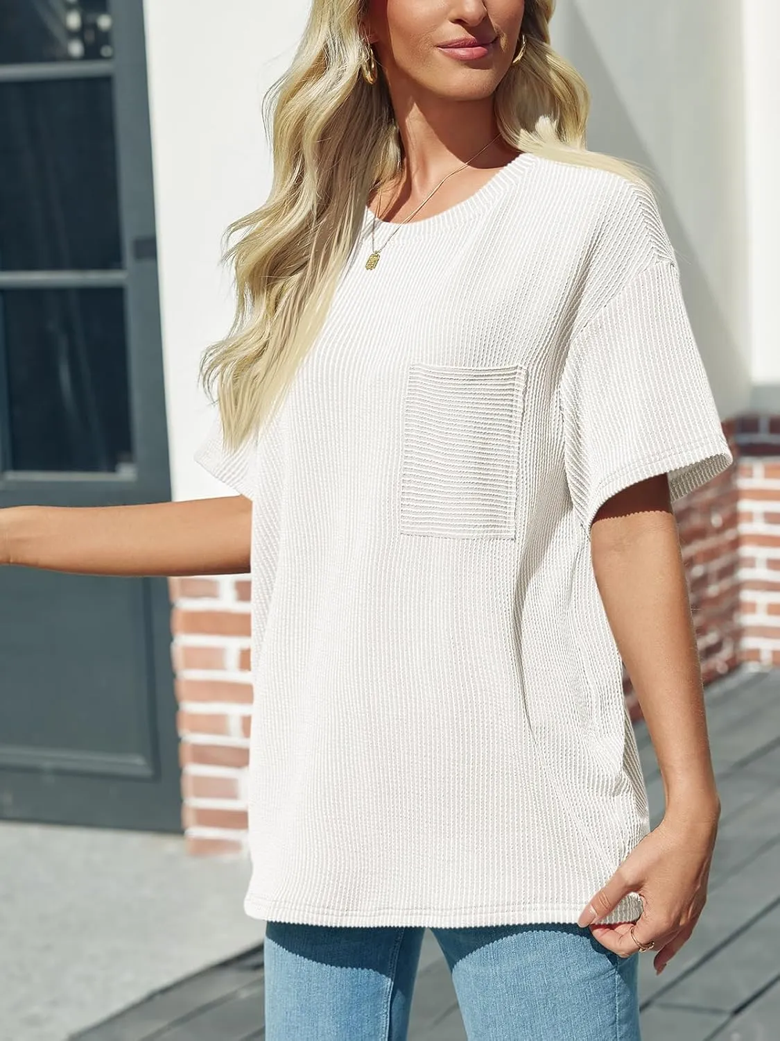 Tankaneo Womens Oversized Short Sleeve Tops Summer Textured Crew Neck T Shirt Ribbed Casual Basic Tees