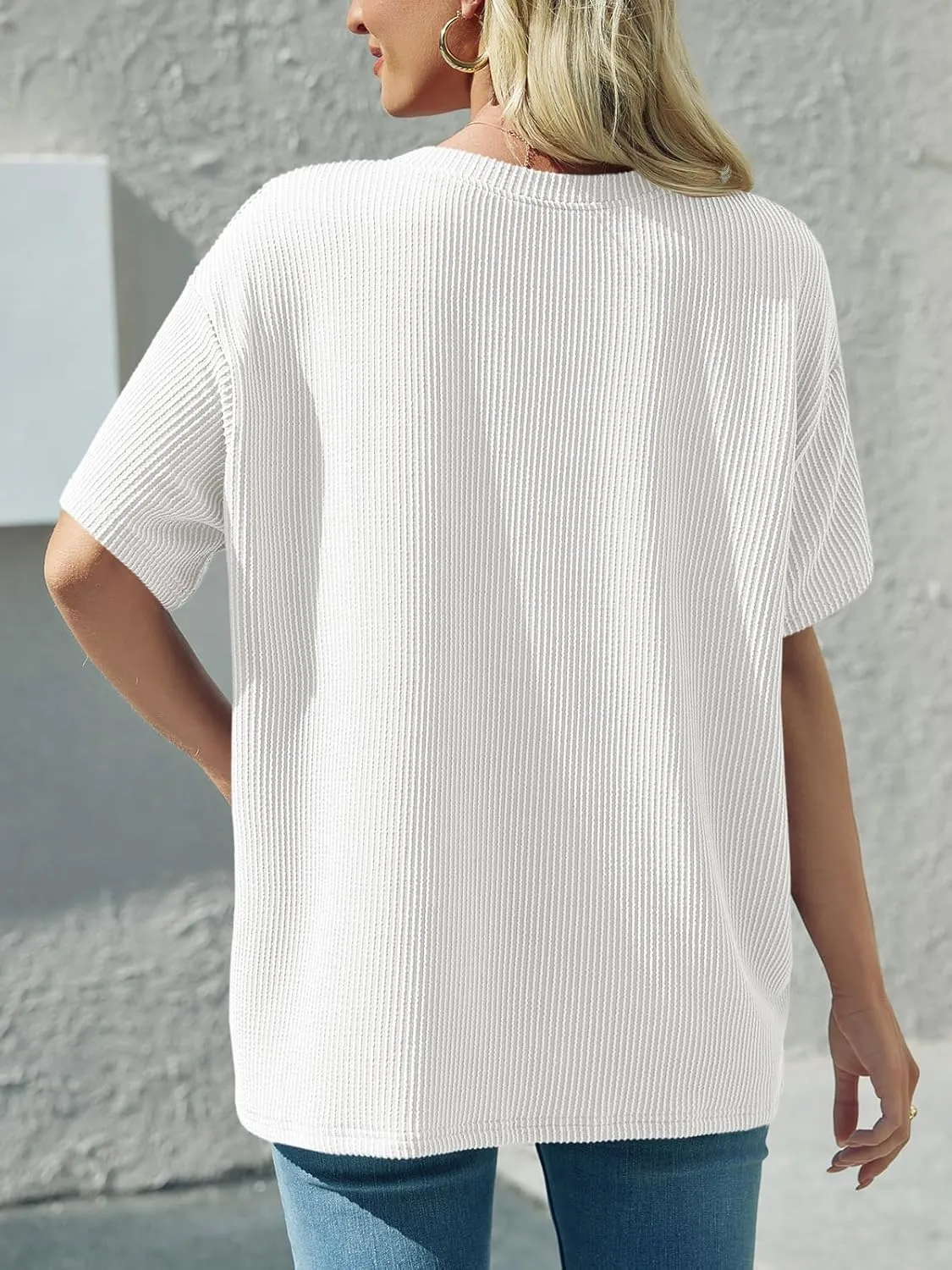 Tankaneo Womens Oversized Short Sleeve Tops Summer Textured Crew Neck T Shirt Ribbed Casual Basic Tees