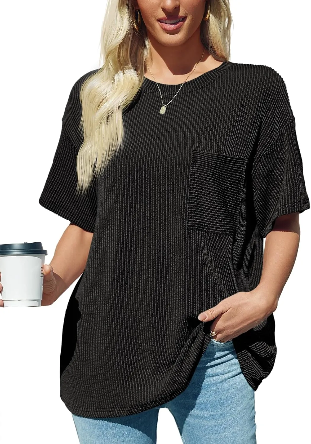 Tankaneo Womens Oversized Short Sleeve Tops Summer Textured Crew Neck T Shirt Ribbed Casual Basic Tees