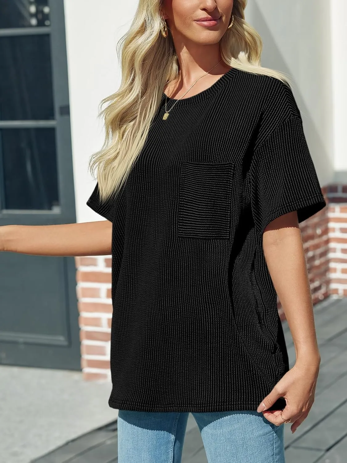 Tankaneo Womens Oversized Short Sleeve Tops Summer Textured Crew Neck T Shirt Ribbed Casual Basic Tees