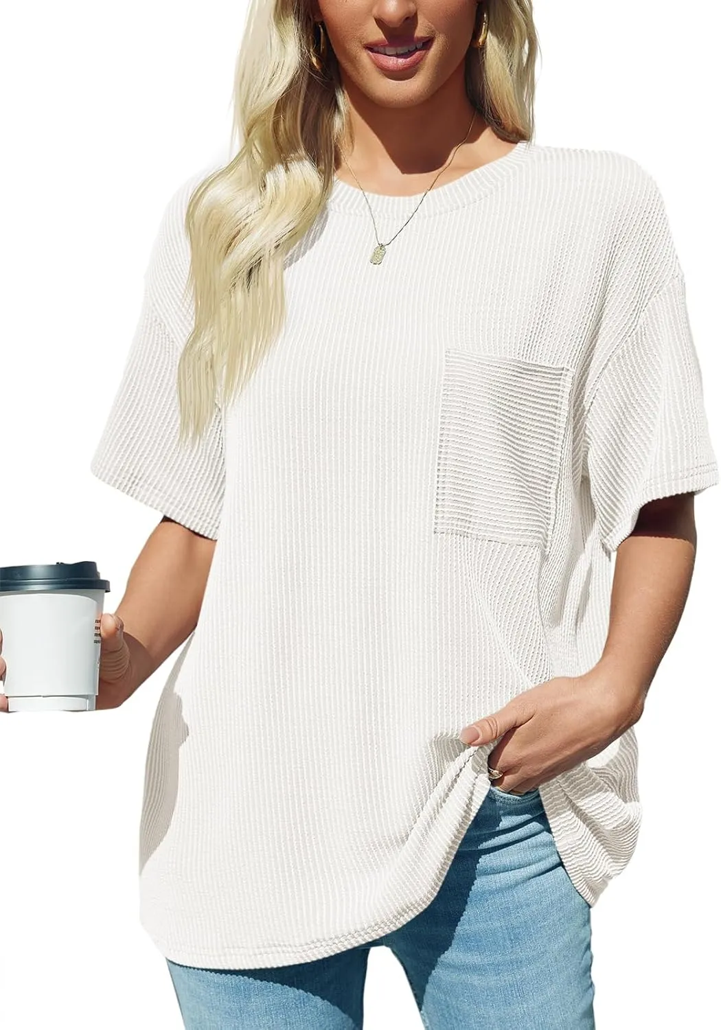 Tankaneo Womens Oversized Short Sleeve Tops Summer Textured Crew Neck T Shirt Ribbed Casual Basic Tees