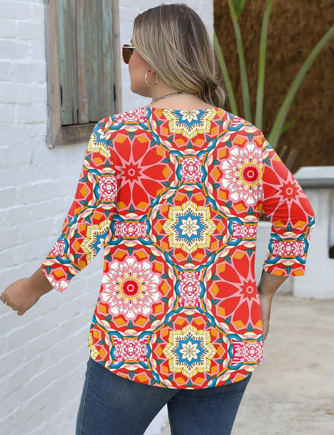 TFSDOD Womens Plus Size Tops 3/4 Length Sleeve Blouses Crew Neck Shirts Casual Loose Tunic Tops 1X-5X