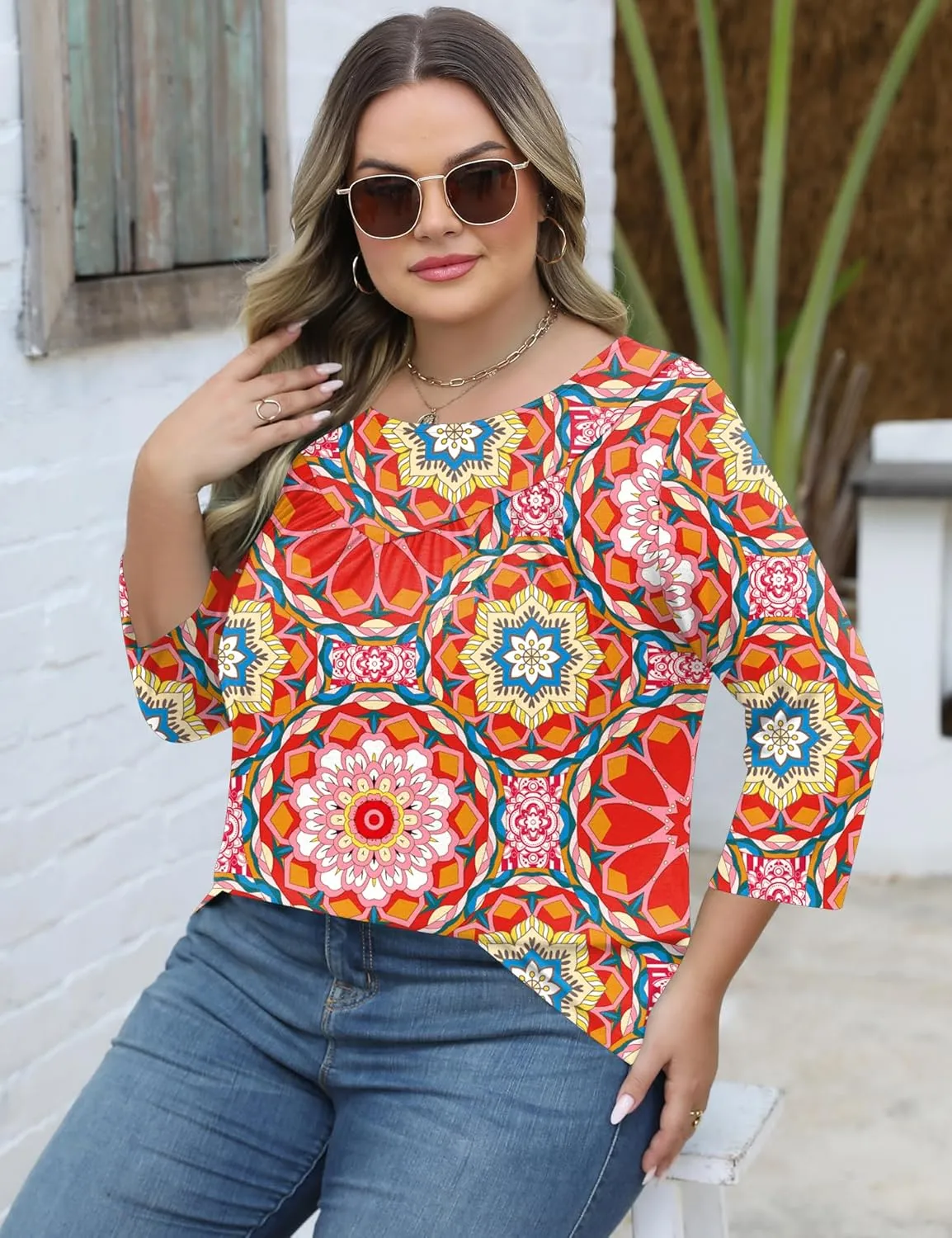 TFSDOD Womens Plus Size Tops 3/4 Length Sleeve Blouses Crew Neck Shirts Casual Loose Tunic Tops 1X-5X