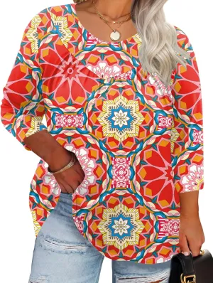 TFSDOD Womens Plus Size Tops 3/4 Length Sleeve Blouses Crew Neck Shirts Casual Loose Tunic Tops 1X-5X
