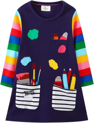 Toddler Girl Long Sleeve Dress Cotton Casual Basic Tunic Dresses Cartoon Applique Dress Kids Fall Winter Clothes