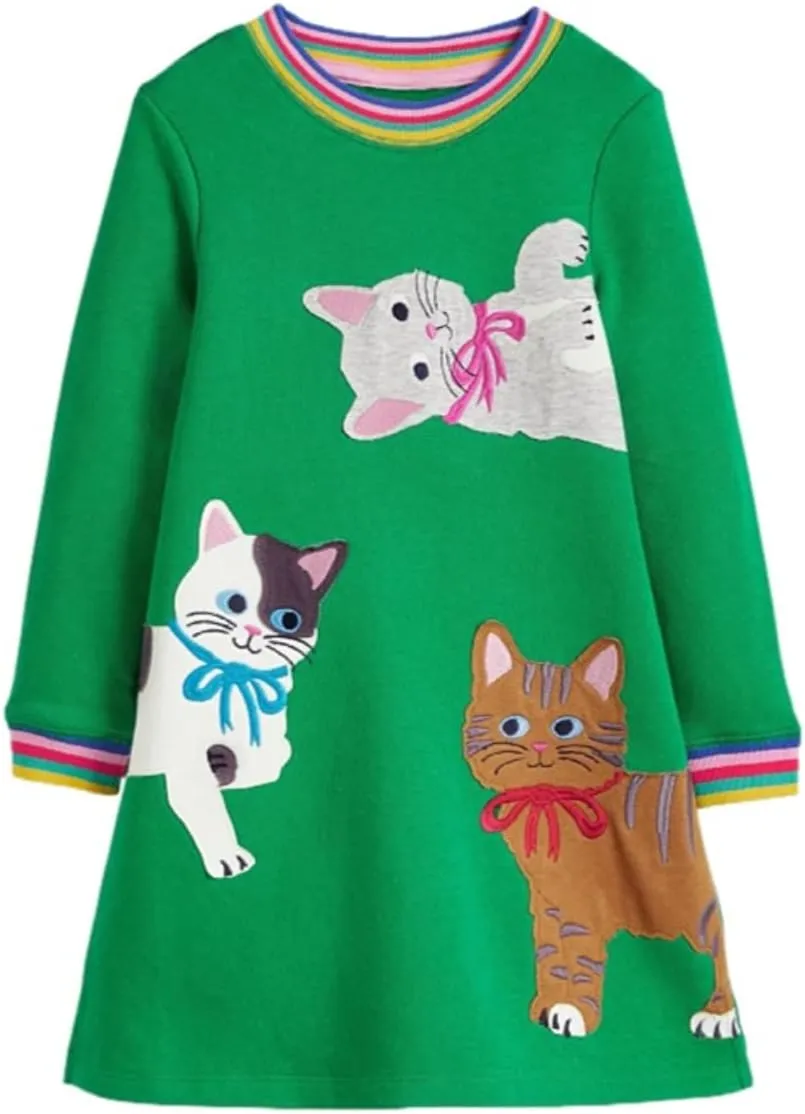 Toddler Girl Long Sleeve Dress Cotton Casual Basic Tunic Dresses Cartoon Applique Dress Kids Fall Winter Clothes