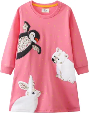 Toddler Girl Long Sleeve Dress Cotton Casual Basic Tunic Dresses Cartoon Applique Dress Kids Fall Winter Clothes
