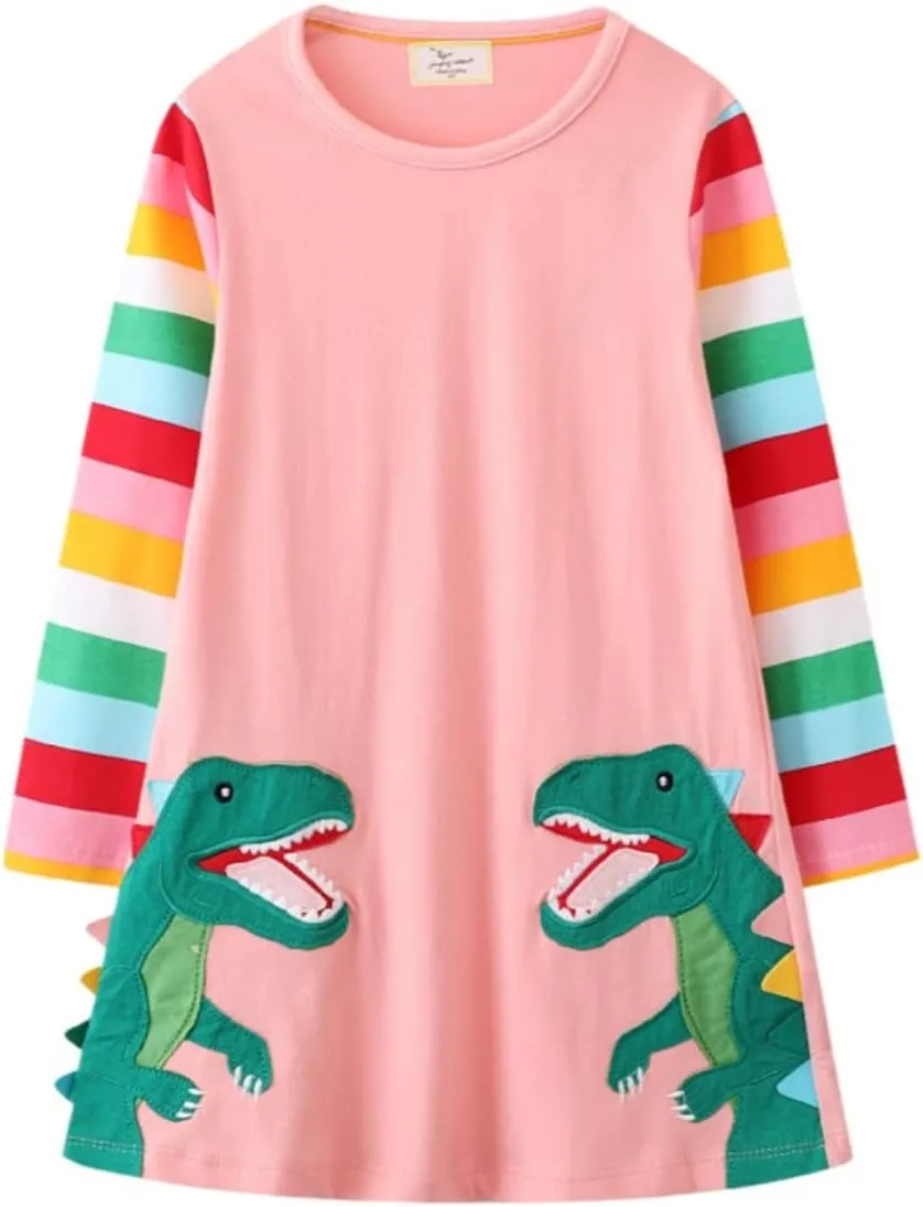 Toddler Girl Long Sleeve Dress Cotton Casual Basic Tunic Dresses Cartoon Applique Dress Kids Fall Winter Clothes
