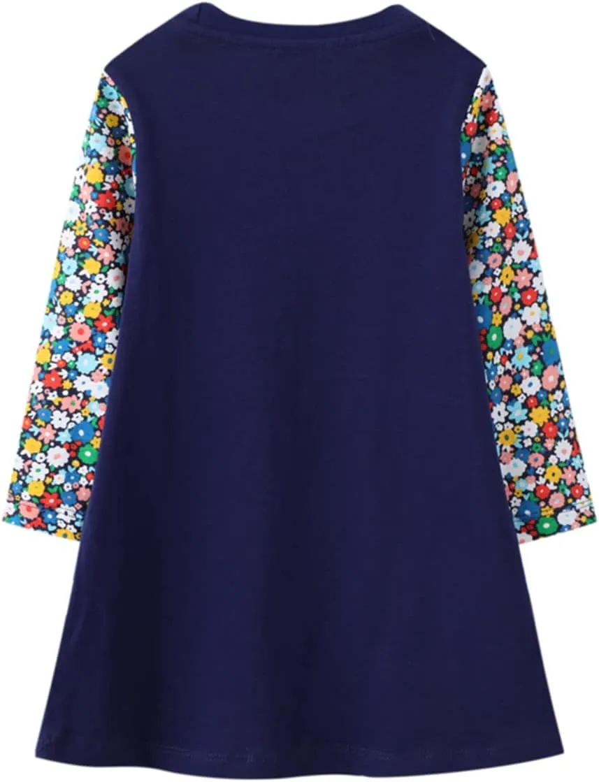 Toddler Girl Long Sleeve Dress Cotton Casual Basic Tunic Dresses Cartoon Applique Dress Kids Fall Winter Clothes