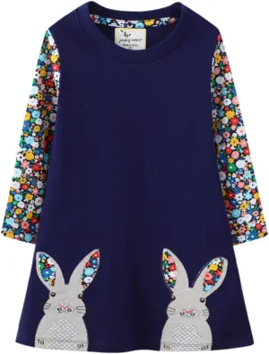 Toddler Girl Long Sleeve Dress Cotton Casual Basic Tunic Dresses Cartoon Applique Dress Kids Fall Winter Clothes