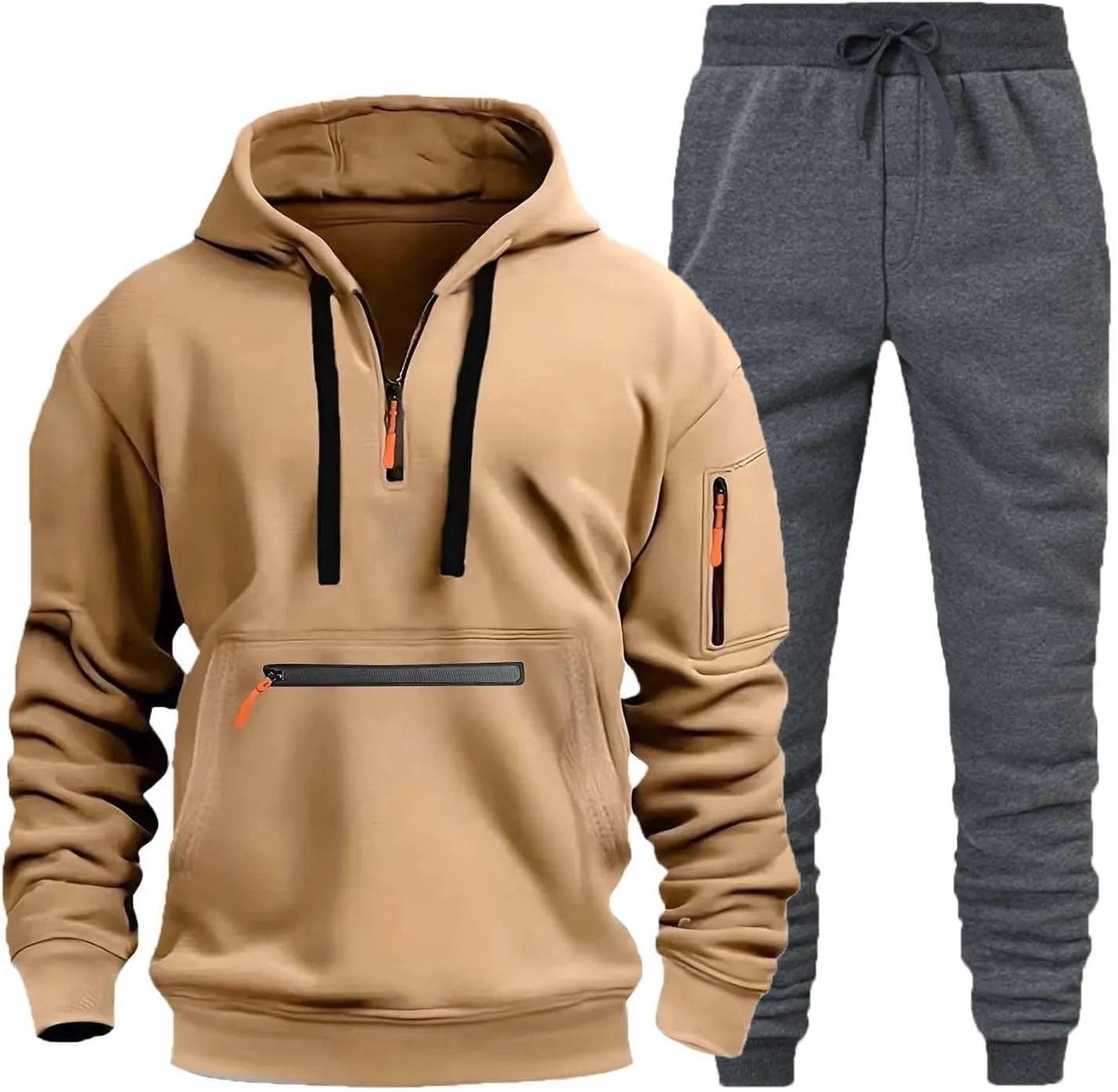 Tracksuit Men Hoodie Jackets and Cinch Pants 2 Piece Set Sports Active Sportswear Tactical Set Color Block Sportsuits