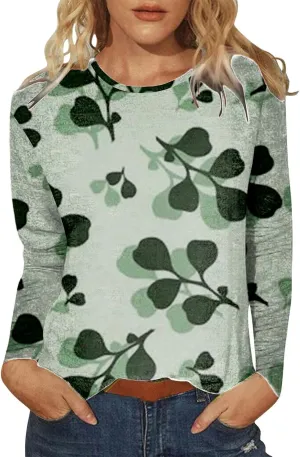 Trendy Tops for Women Fall 2024 Long Sleeve Crew-Neck T Shirts Flower Printing Loose Casual Blouses Loose Sweatshirt