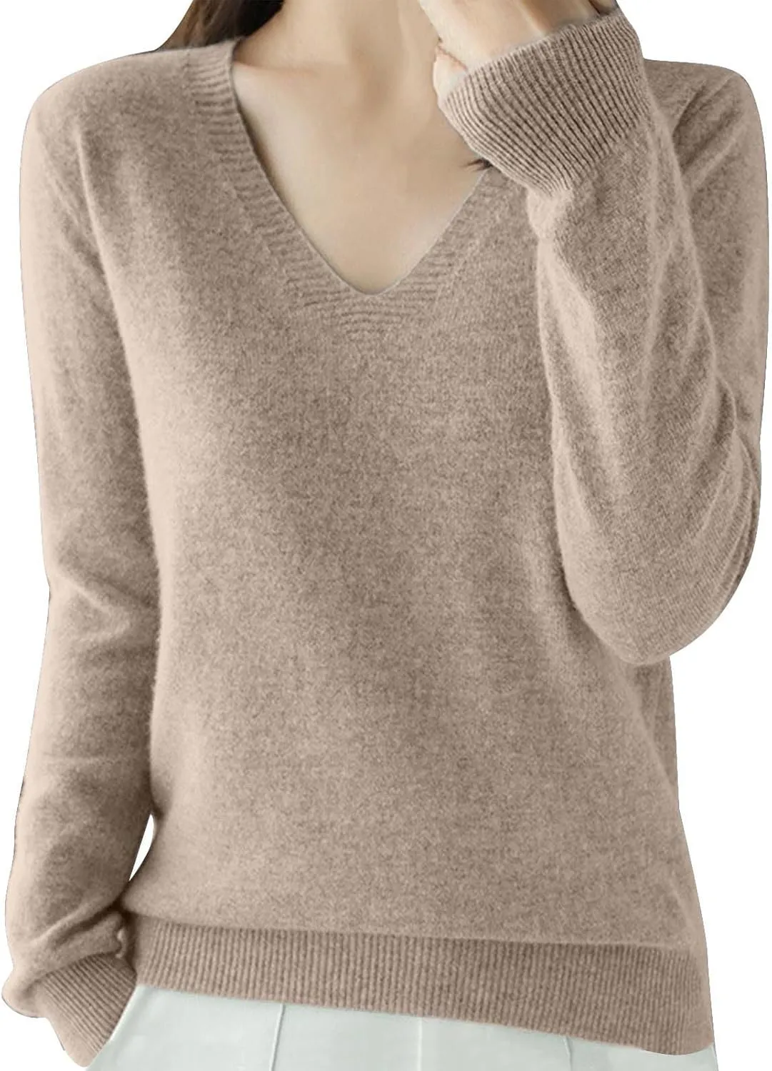 V Neck Cashmere Sweater for Women Fashion Soft Warm Long Sleeve Sweaters Solid Color Lightweight Cozy Trendy Outfits