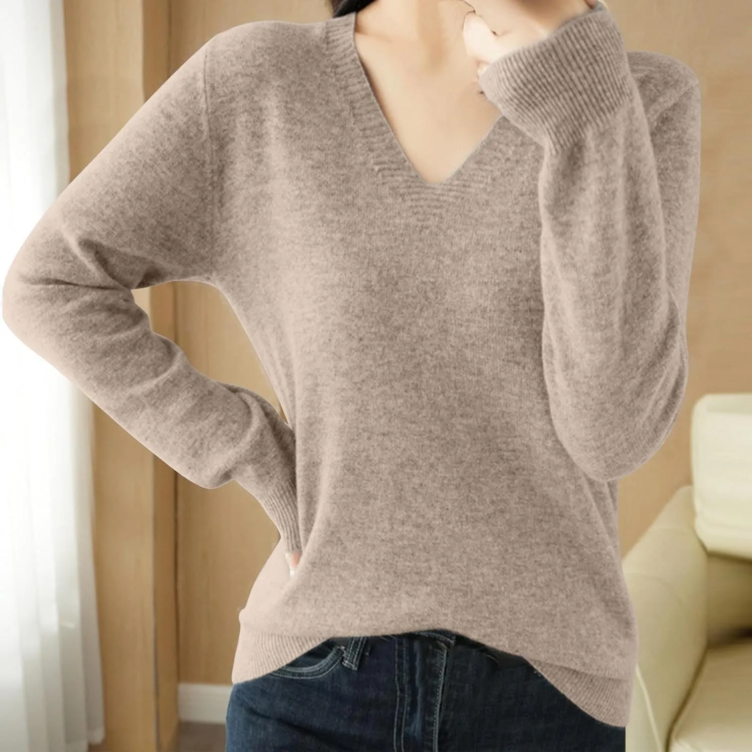 V Neck Cashmere Sweater for Women Fashion Soft Warm Long Sleeve Sweaters Solid Color Lightweight Cozy Trendy Outfits