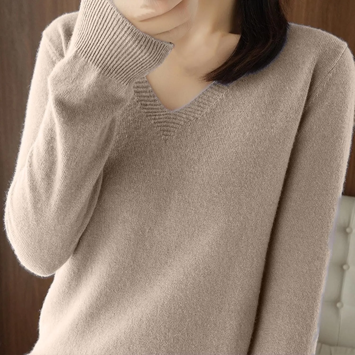 V Neck Cashmere Sweater for Women Fashion Soft Warm Long Sleeve Sweaters Solid Color Lightweight Cozy Trendy Outfits