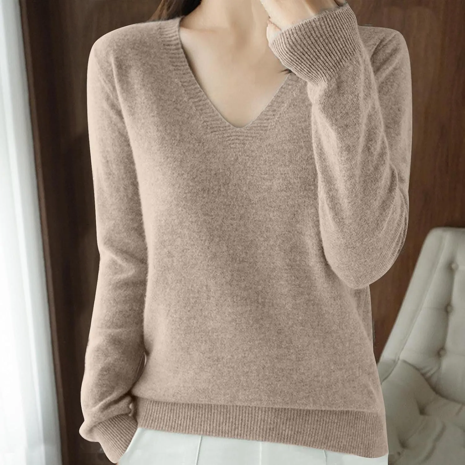 V Neck Cashmere Sweater for Women Fashion Soft Warm Long Sleeve Sweaters Solid Color Lightweight Cozy Trendy Outfits