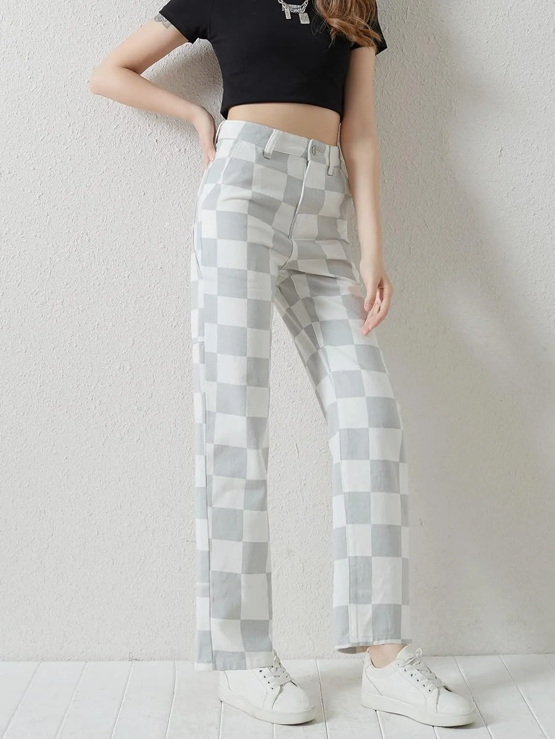 WDIRARA Girl's Checkered High Waisted Denim Pants Straight Leg Jeans