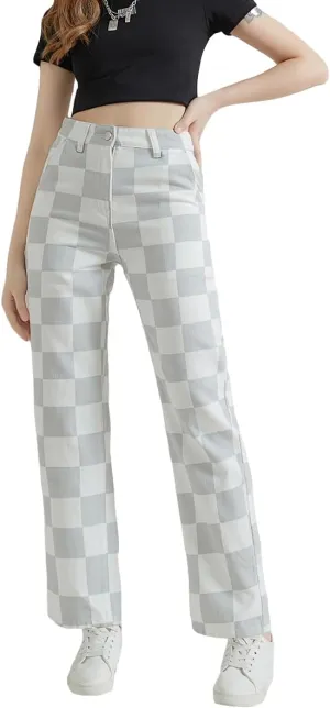 WDIRARA Girl's Checkered High Waisted Denim Pants Straight Leg Jeans