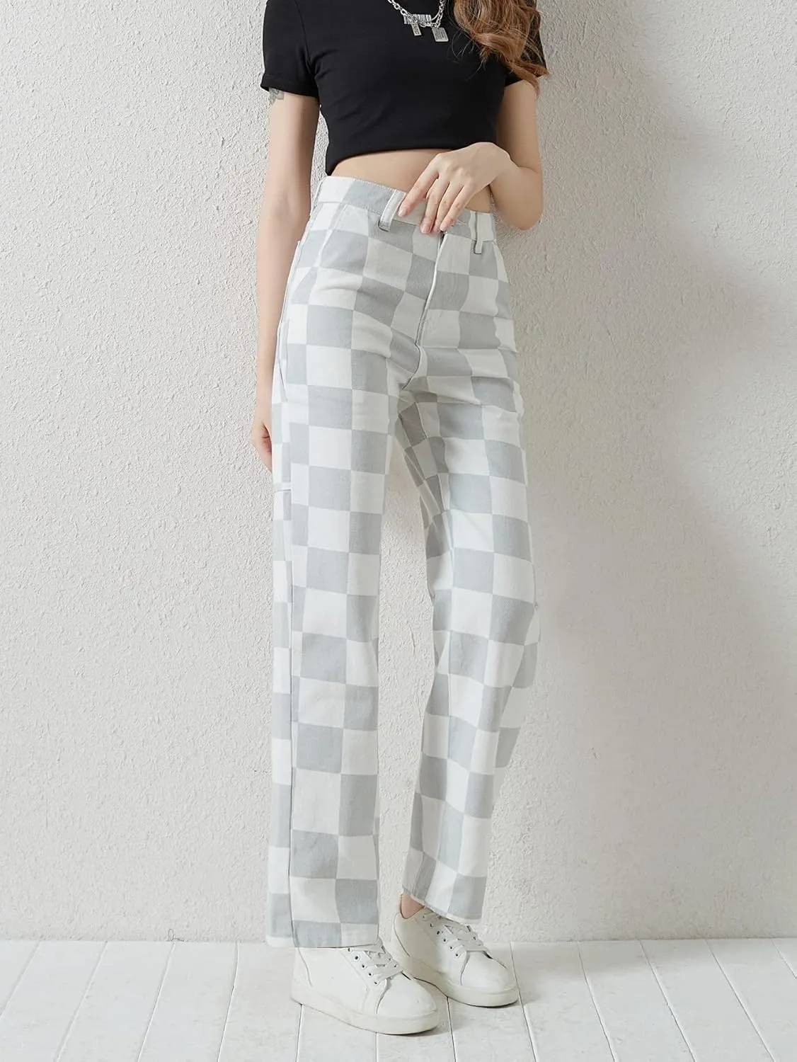 WDIRARA Girl's Checkered High Waisted Denim Pants Straight Leg Jeans