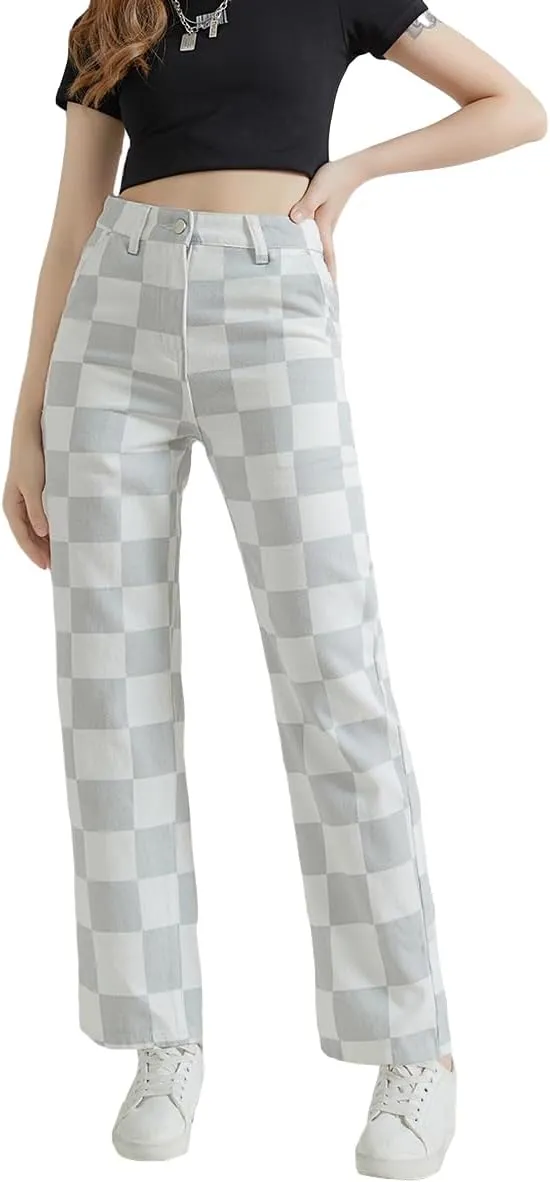 WDIRARA Girl's Checkered High Waisted Denim Pants Straight Leg Jeans