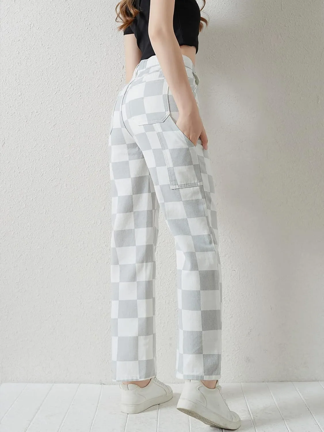 WDIRARA Girl's Checkered High Waisted Denim Pants Straight Leg Jeans
