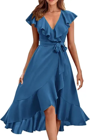 Wedding Guest Dresses for Women 2025 Gowns Evening Party Cocktail Dress Long Split Elegant V Neck Wrap Ruffle Guest Dresses