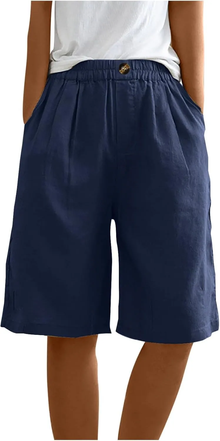 Wide Leg Cotton Linen Shorts for Women High Waisted Comfy Bermuda Shorts Casual Loose Knee Length Pants with Pockets
