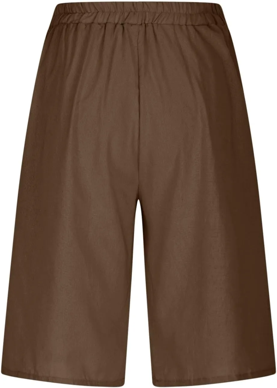 Wide Leg Cotton Linen Shorts for Women High Waisted Comfy Bermuda Shorts Casual Loose Knee Length Pants with Pockets