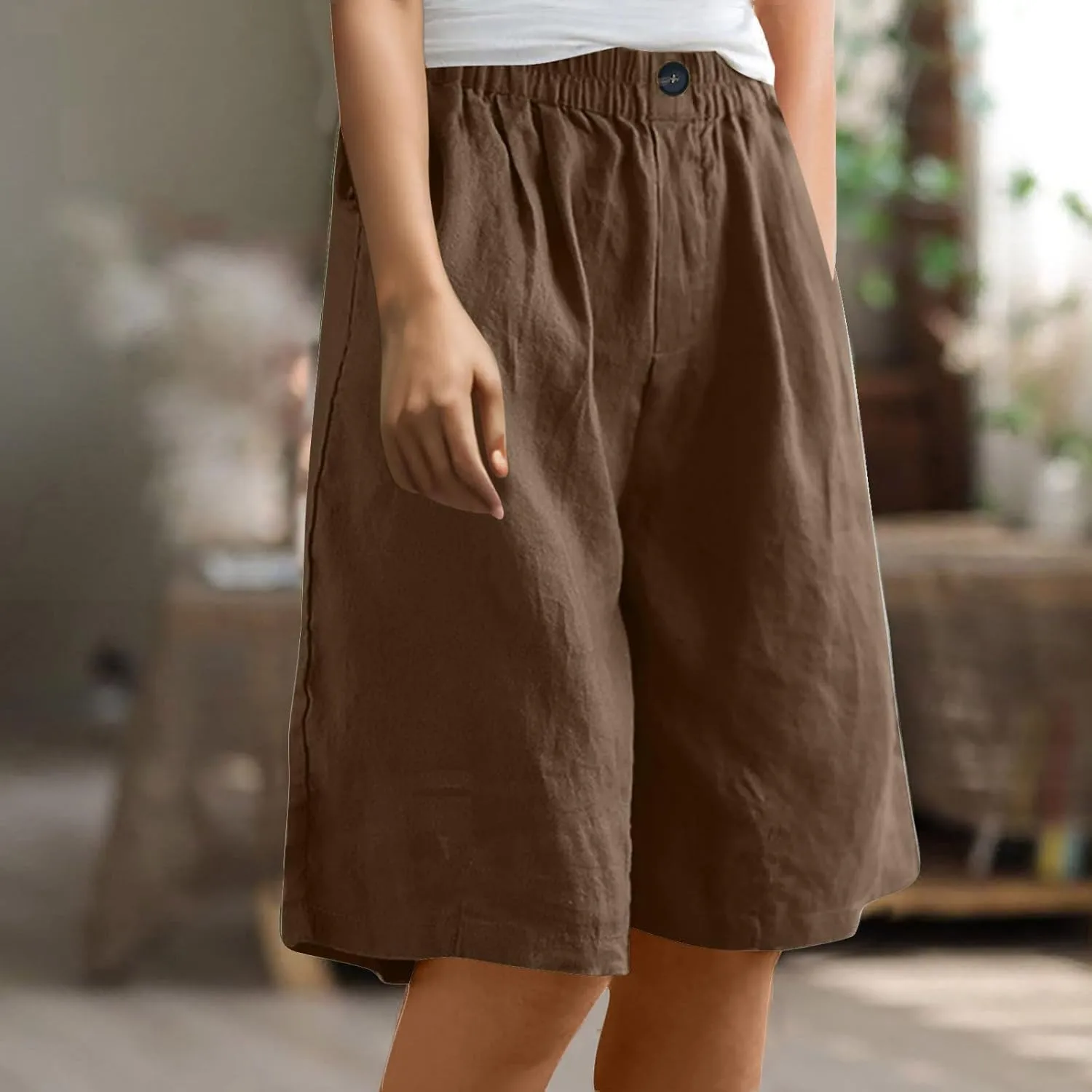 Wide Leg Cotton Linen Shorts for Women High Waisted Comfy Bermuda Shorts Casual Loose Knee Length Pants with Pockets