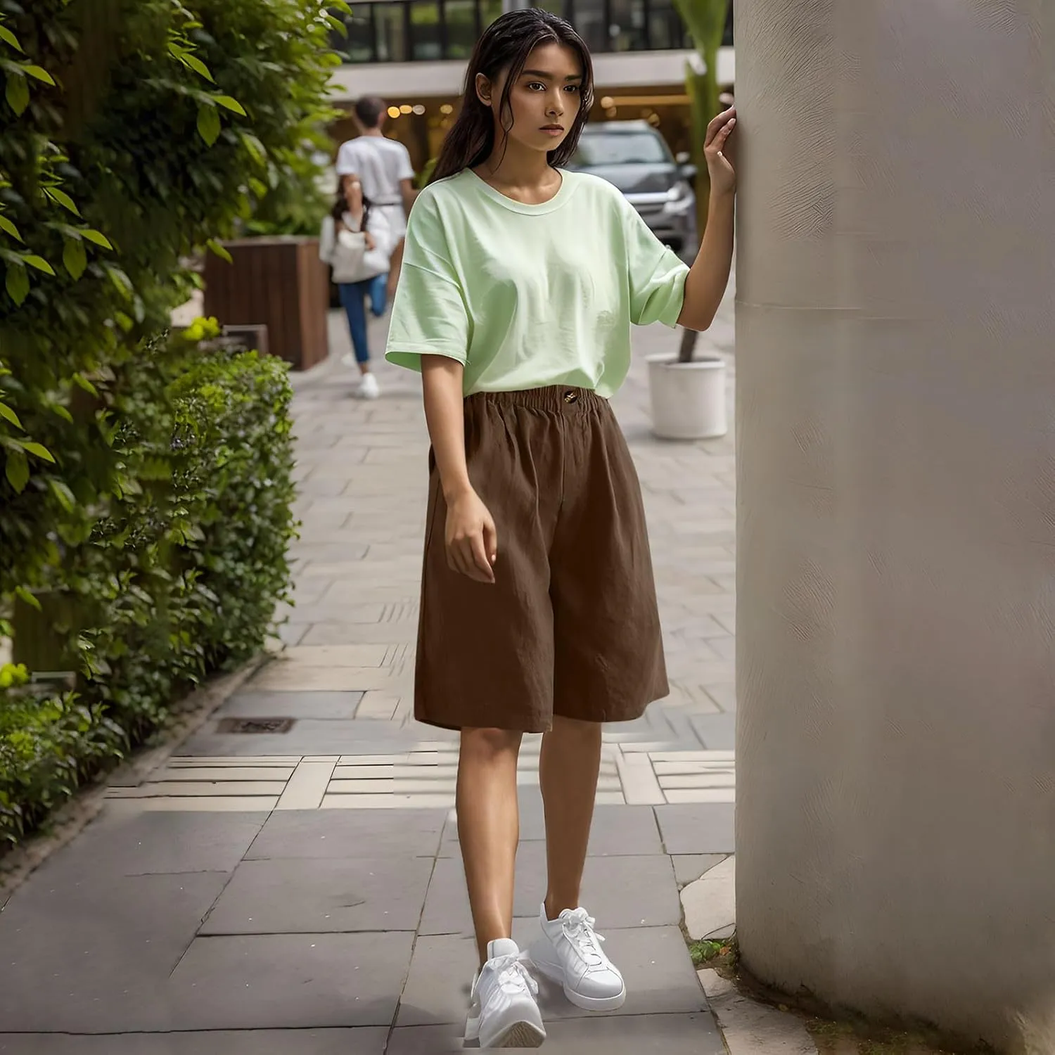 Wide Leg Cotton Linen Shorts for Women High Waisted Comfy Bermuda Shorts Casual Loose Knee Length Pants with Pockets