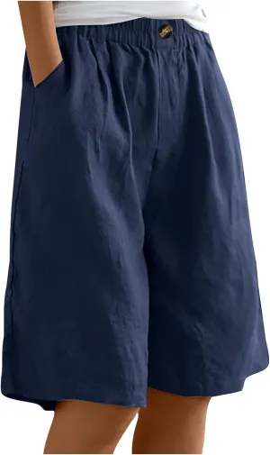 Wide Leg Cotton Linen Shorts for Women High Waisted Comfy Bermuda Shorts Casual Loose Knee Length Pants with Pockets