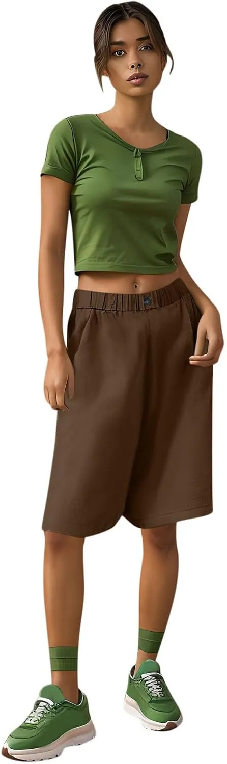 Wide Leg Cotton Linen Shorts for Women High Waisted Comfy Bermuda Shorts Casual Loose Knee Length Pants with Pockets